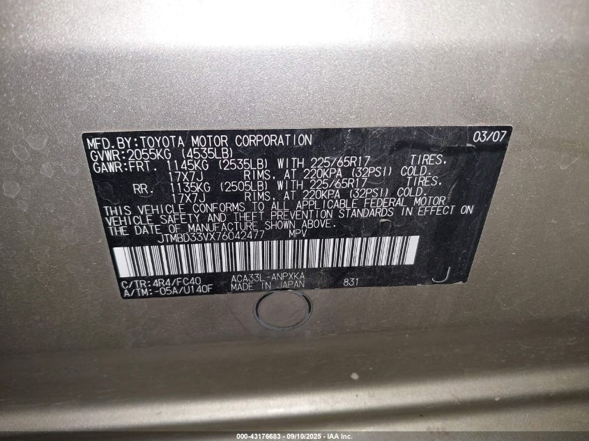 2007 Toyota Rav4 VIN: JTMBD33VX76042477 Lot: 43176683