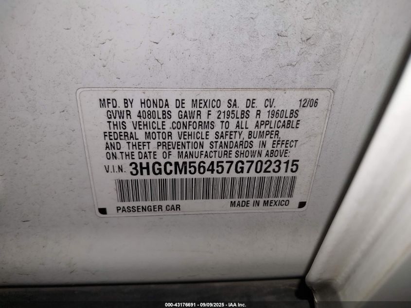 2007 Honda Accord 2.4 Lx VIN: 3HGCM56457G702315 Lot: 43176691