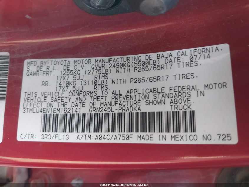 2014 Toyota Tacoma Base V6 VIN: 3TMLU4EN1EM162141 Lot: 43176704