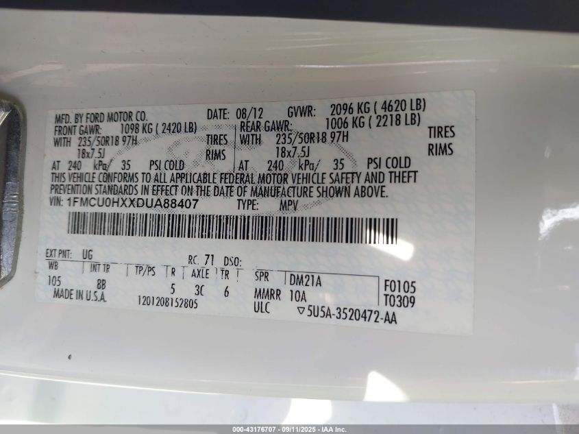 2013 Ford Escape VIN: 1FMCUHXXDUA88407 Lot: 43176707