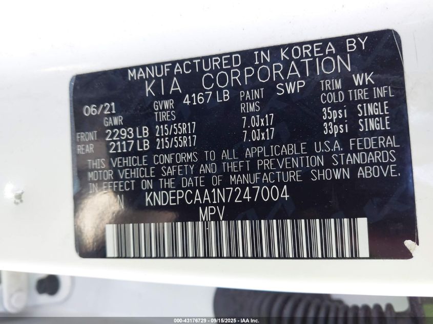 2022 Kia Seltos Lx VIN: KNDEPCAA1N7247004 Lot: 43176729