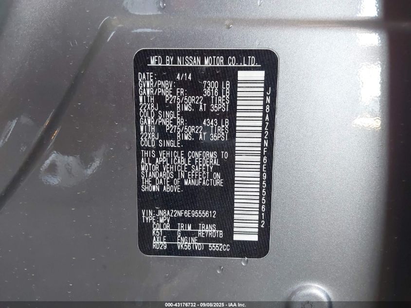 2014 Infiniti Qx80 VIN: JN8AZ2NF6E9555612 Lot: 43176732