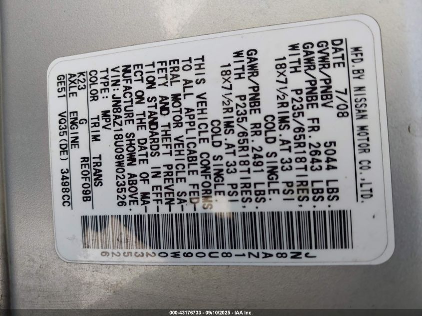 2009 Nissan Murano Sl VIN: JN8AZ18U09W023526 Lot: 43176733