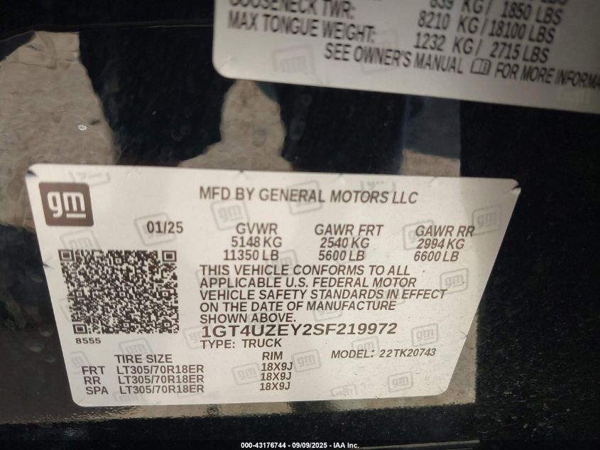 2025 GMC Sierra 4Wd Standard Bed At4X VIN: 1GT4UZEY2SF219972 Lot: 43176744