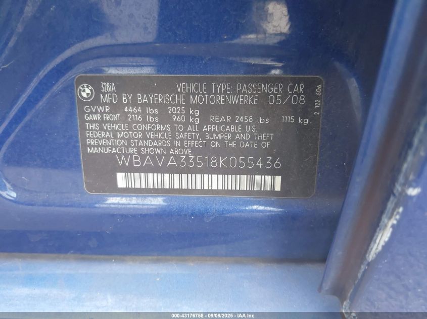 2008 BMW 328I VIN: WBAVA33518K055436 Lot: 43176758