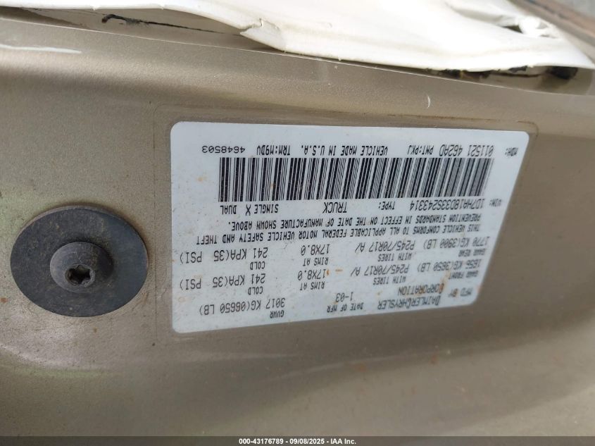 2003 Dodge Ram 1500 Slt/Laramie/St VIN: 1D7HA18D33S243314 Lot: 43176789