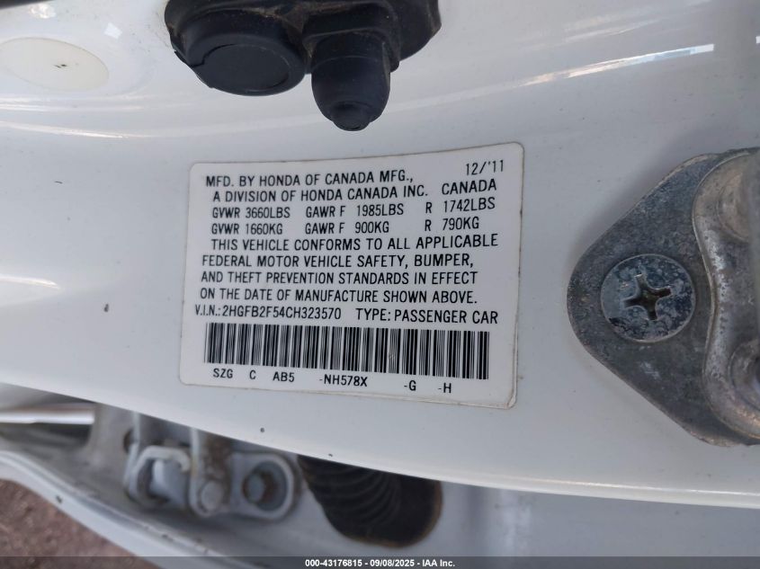 2012 Honda Civic Lx VIN: 2HGFB2F54CH323570 Lot: 43176815