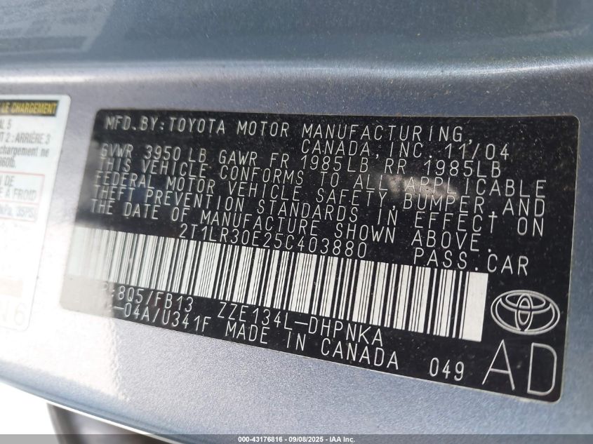 2005 Toyota Matrix Xr VIN: 2T1LR30E25C403880 Lot: 43176816