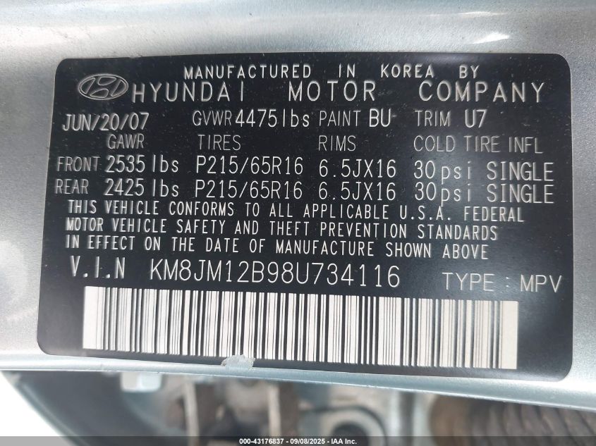 2008 Hyundai Tucson Gls VIN: KM8JM12B98U734116 Lot: 43176837