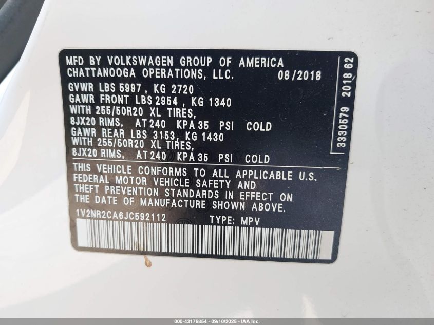 2018 Volkswagen Atlas 3.6L V6 Sel Premium VIN: 1V2NR2CA6JC592112 Lot: 43176854
