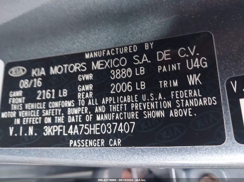 2017 Kia Forte S VIN: 3KPFL4A75HE037407 Lot: 43176860