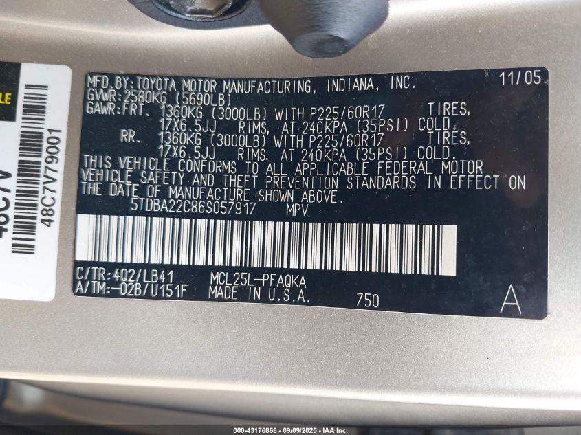 2006 Toyota Sienna Xle Limited VIN: 5TDBA22C86S057917 Lot: 43176866