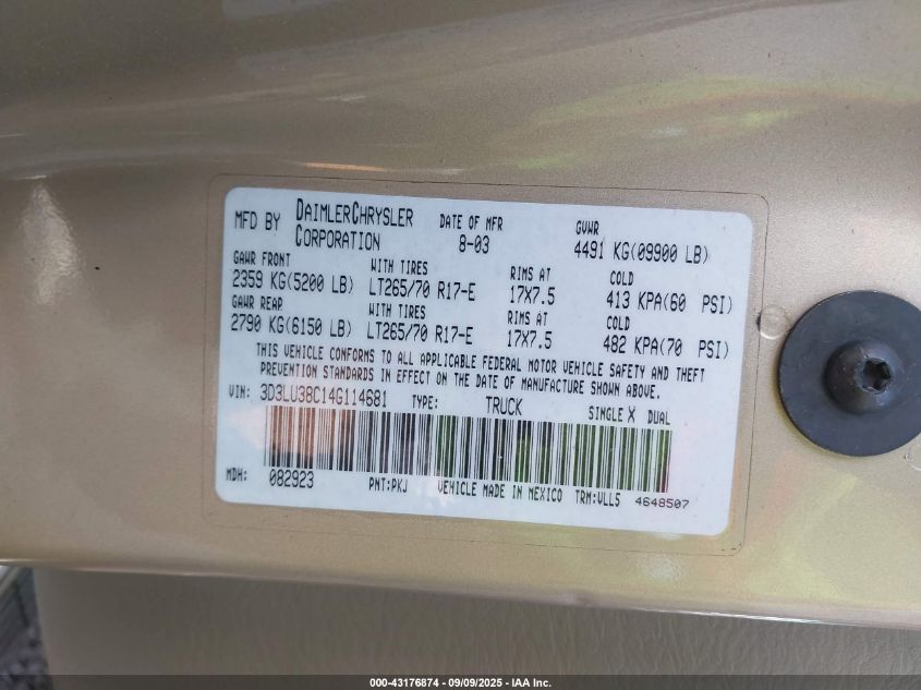 2004 Dodge Ram 3500 Slt/Laramie VIN: 3D3LU38C14G114681 Lot: 43176874