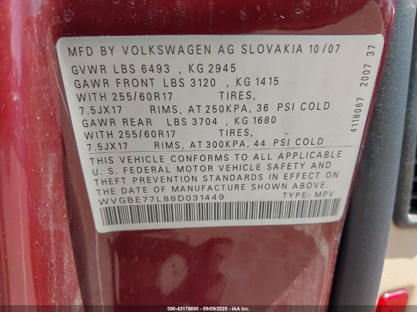 2008 Volkswagen Touareg 2 Vr6 Fsi VIN: WVGBE77L88D031449 Lot: 43176880