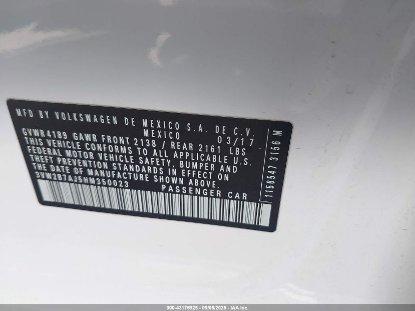 2017 Volkswagen Jetta 1.4T S VIN: 3VW2B7AJ5HM350023 Lot: 43176925