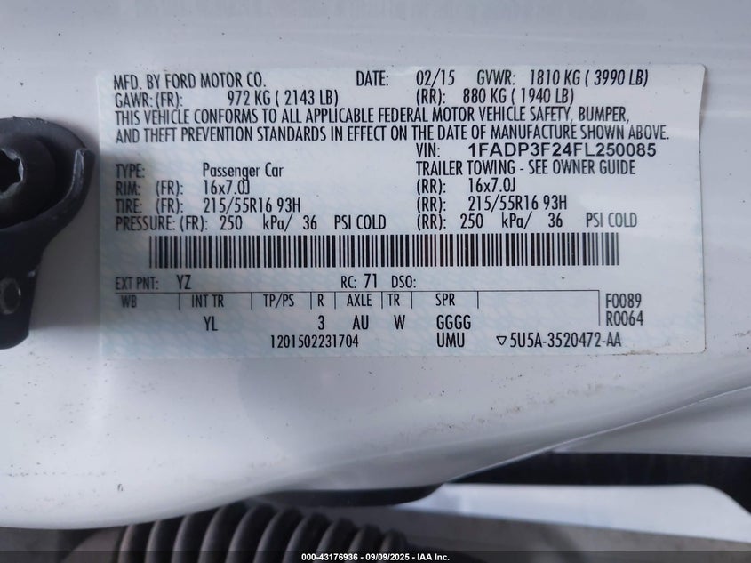 2015 FORD FOCUS SE - 1FADP3F24FL250085