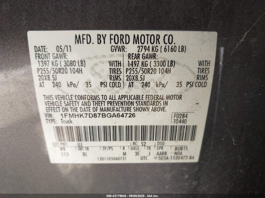 2011 Ford Explorer Xlt VIN: 1FMHK7D87BGA64726 Lot: 43176940