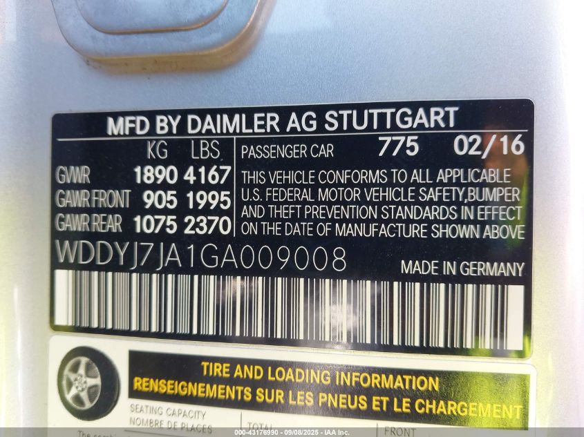 2016 Mercedes-Benz Gt S Amg VIN: WDDYJ7JA1GA009008 Lot: 43176990