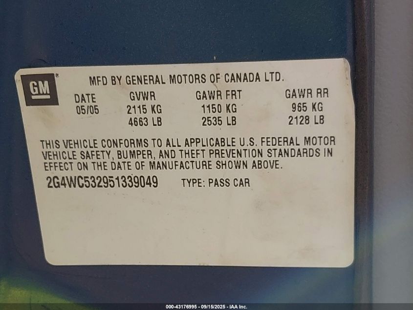 2005 Buick Lacrosse Cx VIN: 2G4WC532951339049 Lot: 43176995