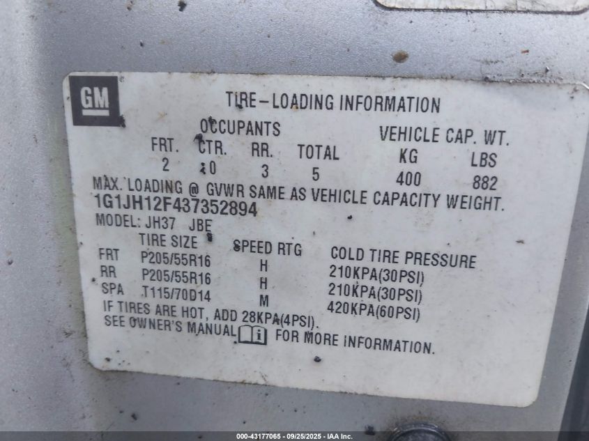 2003 Chevrolet Cavalier Ls Sport VIN: 1G1JH12F437352894 Lot: 43177065