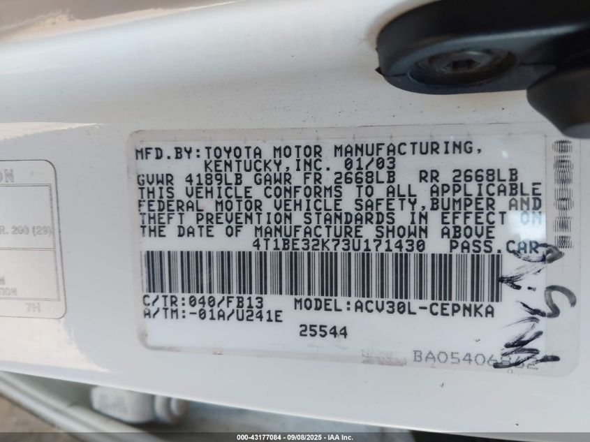 2003 Toyota Camry Le VIN: 4T1BE32K73U171430 Lot: 43177084