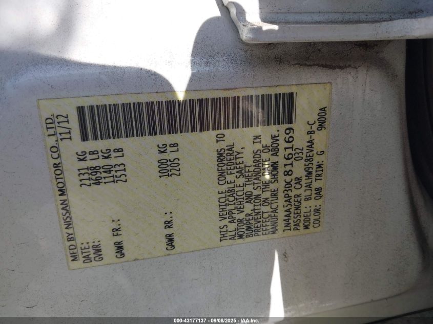 2013 Nissan Maxima 3.5 Sv VIN: 1N4AA5AP3DC816169 Lot: 43177137