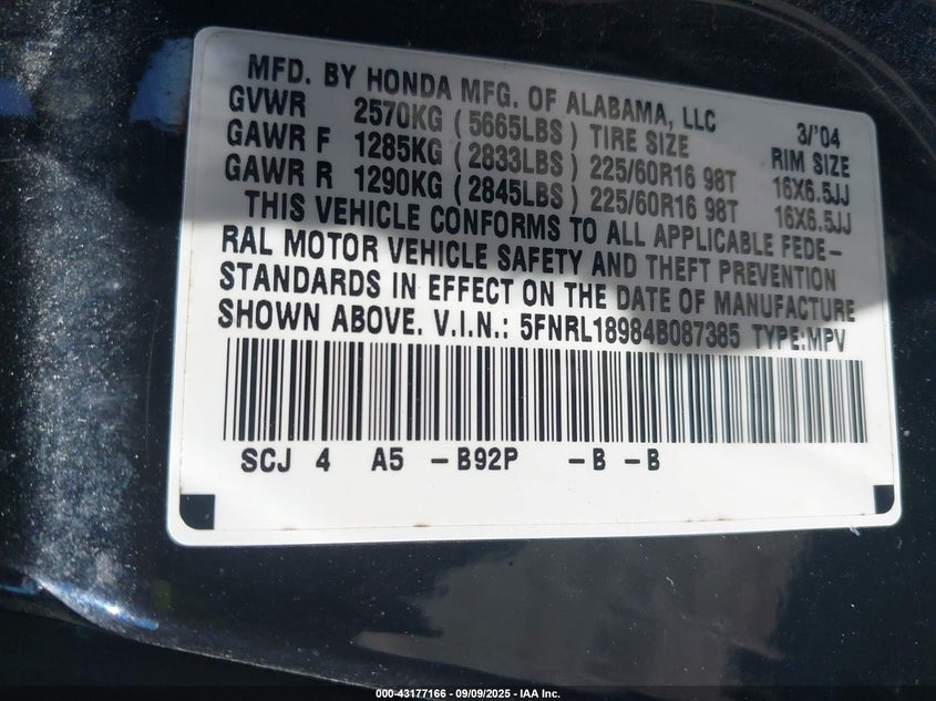 2004 Honda Odyssey Ex-L VIN: 5FNRL18984B087385 Lot: 43177166