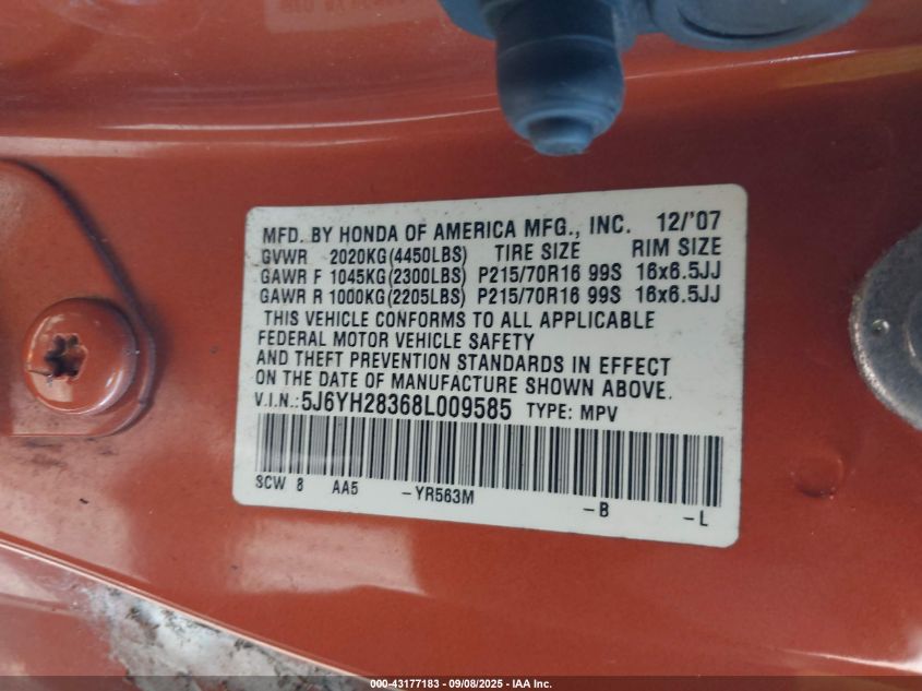 2008 Honda Element Lx VIN: 5J6YH28368L009585 Lot: 43177183