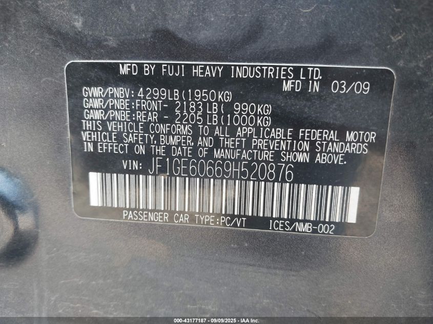 2009 Subaru Impreza 2.5I VIN: JF1GE60669H520876 Lot: 43177187