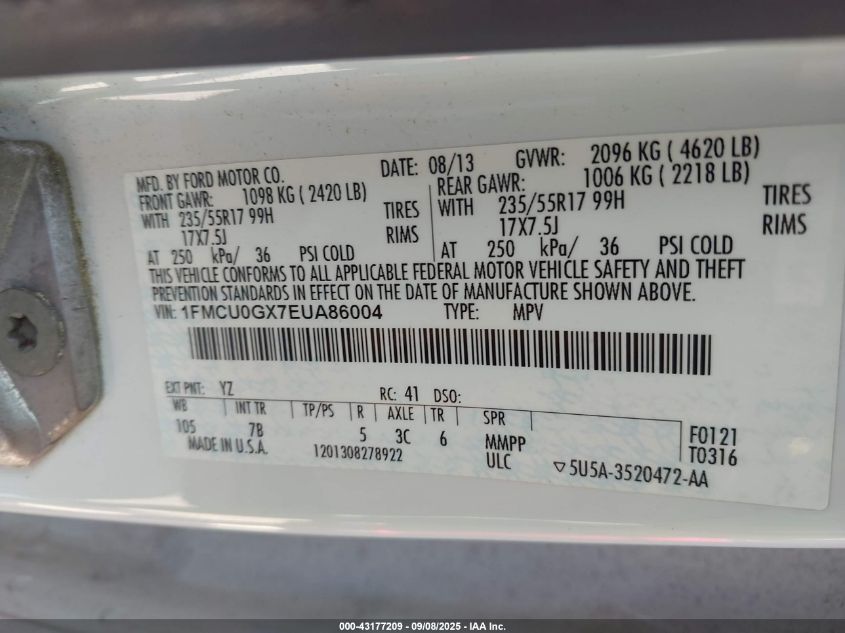 2014 Ford Escape Se VIN: 1FMCU0GX7EUA86004 Lot: 43177209