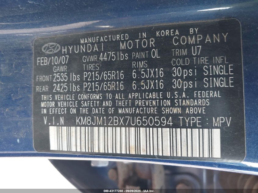 2007 Hyundai Tucson Gls VIN: KM8JM12BX7U650594 Lot: 43177288