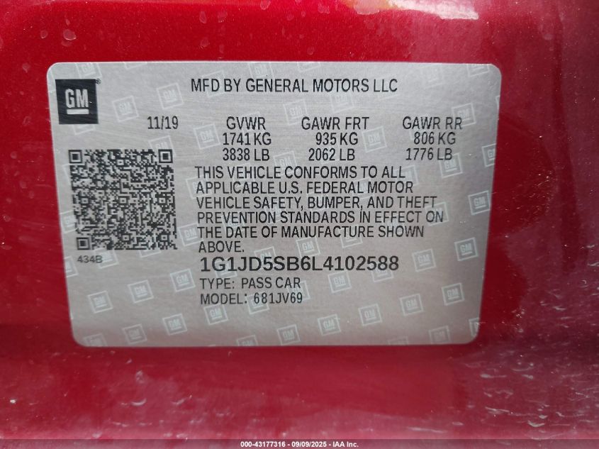 2020 Chevrolet Sonic Fwd Lt VIN: 1G1JD5SB6L4102588 Lot: 43177316