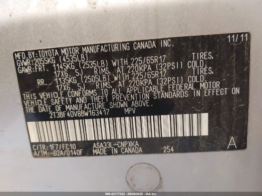 2011 Toyota Rav4 VIN: 2T3BF4DV8BW163417 Lot: 43177322