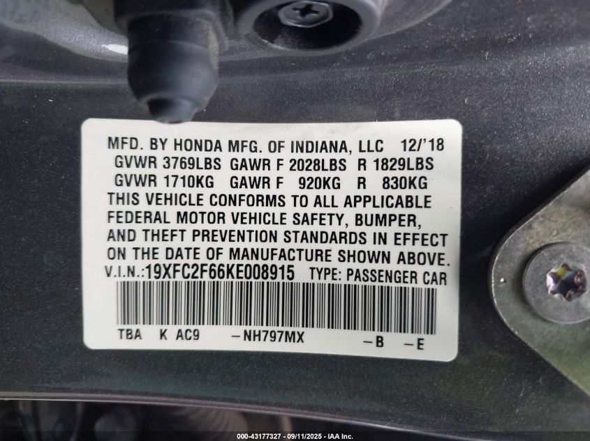 2019 Honda Civic Lx VIN: 19XFC2F66KE008915 Lot: 43177327
