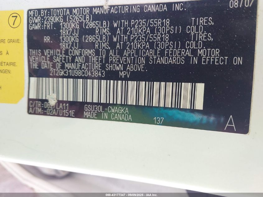 2008 Lexus Rx 350 VIN: 2T2GK31U98C043843 Lot: 43177347