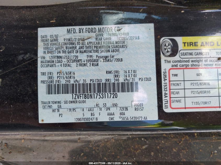 2007 Ford Mustang V6 Deluxe/V6 Premium VIN: 1ZVFT80N175311720 Lot: 43177359