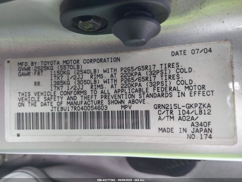 2004 Toyota 4Runner Limited V6 VIN: JTEBU17R040054603 Lot: 43177362