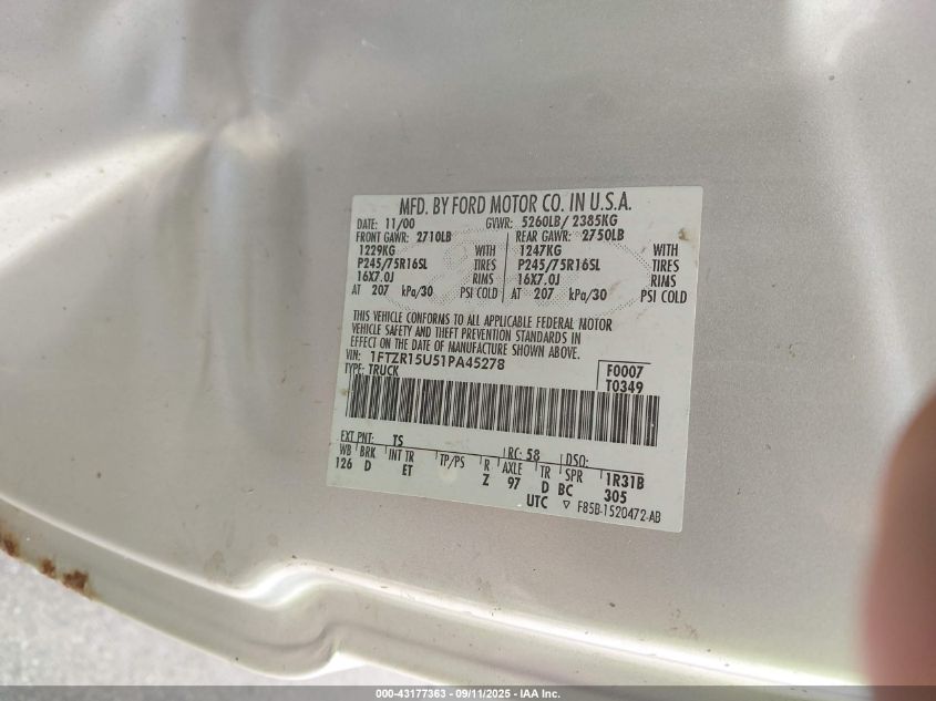 2001 Ford Ranger Edge/Xlt VIN: 1FTZR15U51PA45278 Lot: 43177363