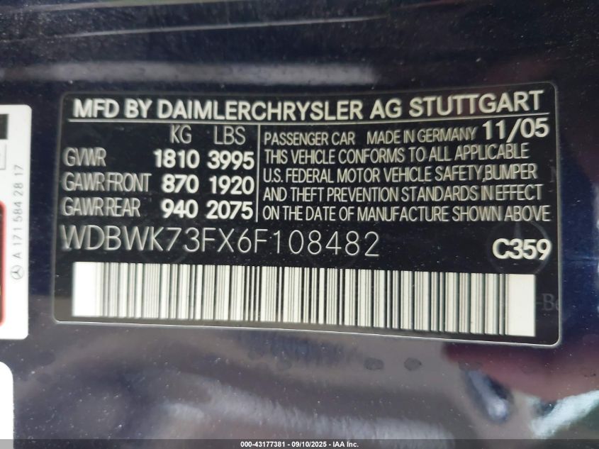 2006 Mercedes-Benz Slk 55 Amg VIN: WDBWK73FX6F108482 Lot: 43177381