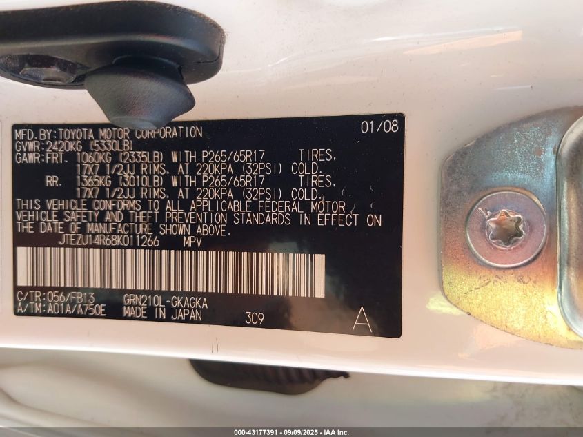 2008 Toyota 4Runner Sport V6 VIN: JTEZU14R68K011266 Lot: 43177391