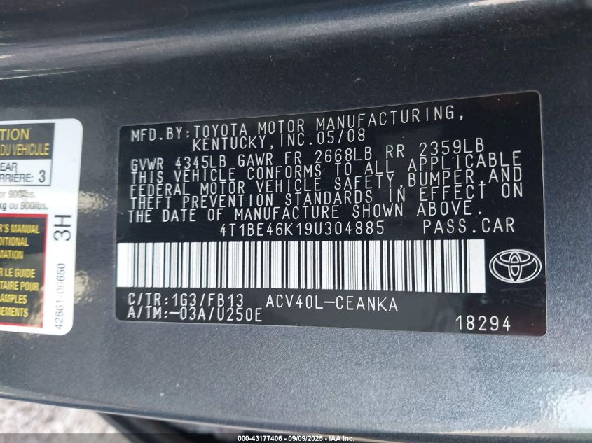 2009 Toyota Camry Le VIN: 4T1BE46K19U304885 Lot: 43177406