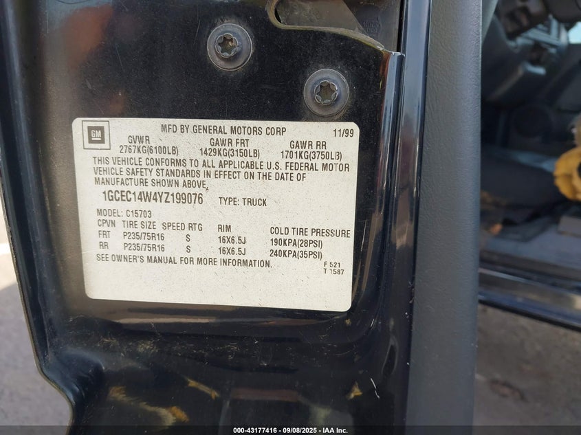 2000 Chevrolet Silverado 1500 VIN: 1GCEC14W4YZ199076 Lot: 43177416