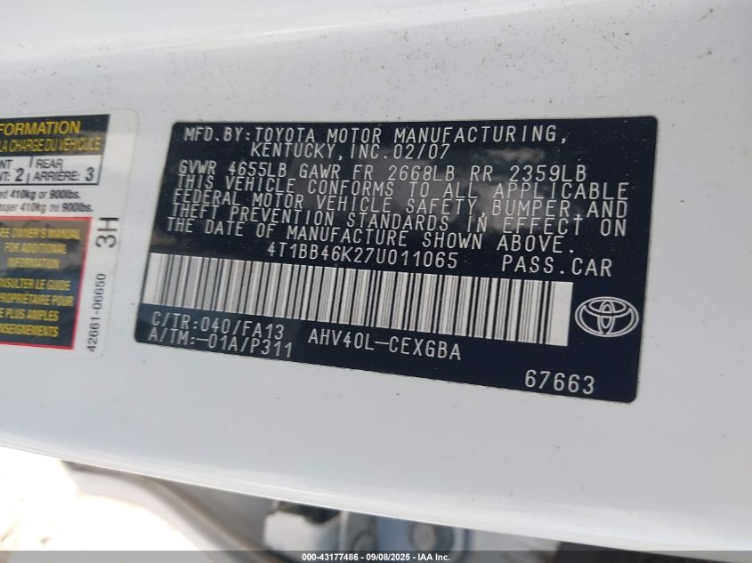 2007 Toyota Camry Hybrid VIN: 4T1BB46K27U011065 Lot: 43177486