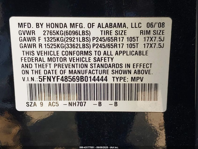 2009 Honda Pilot Ex-L VIN: 5FNYF48569B014444 Lot: 43177551