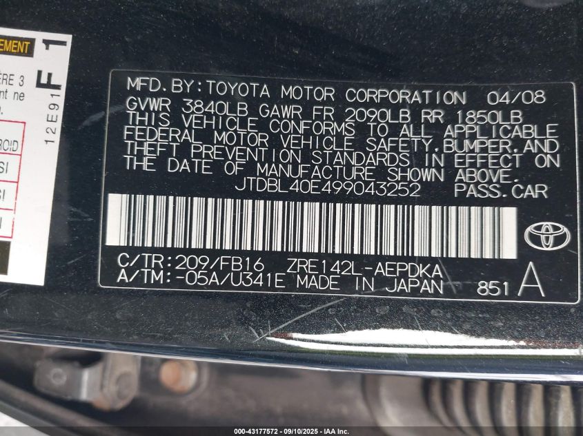 2009 Toyota Corolla Le VIN: JTDBL40E499043252 Lot: 43177572