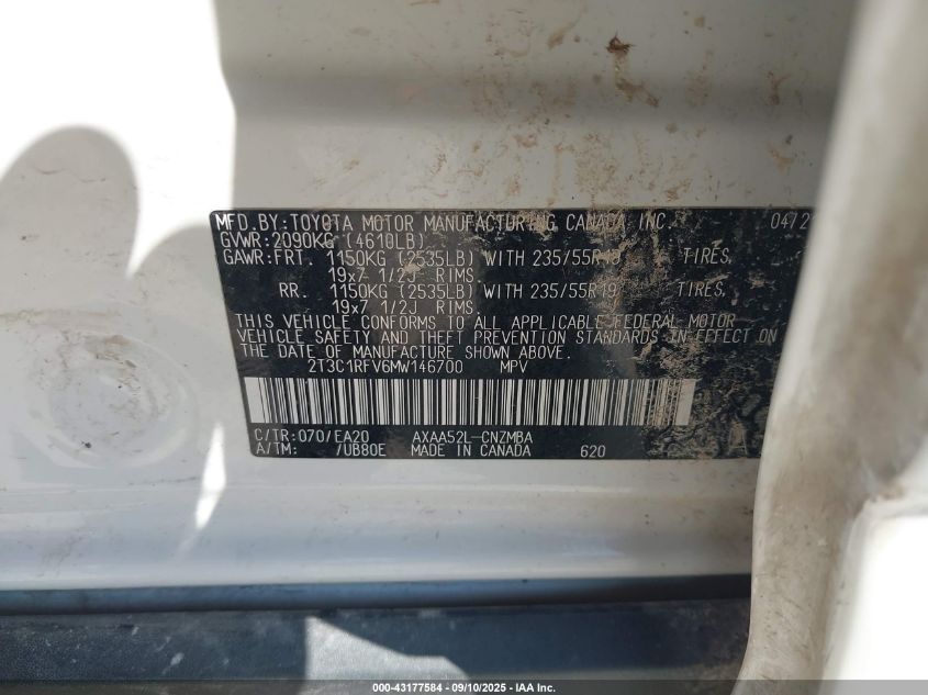 2021 Toyota Rav4 Xle Premium VIN: 2T3C1RFV6MW146700 Lot: 43177584