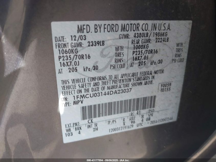 2004 Ford Escape Xlt VIN: 1FMCU03144DA23037 Lot: 43177594