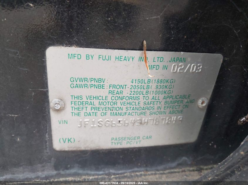 2003 Subaru Forester Xs VIN: JF1SG65643H767849 Lot: 43177634