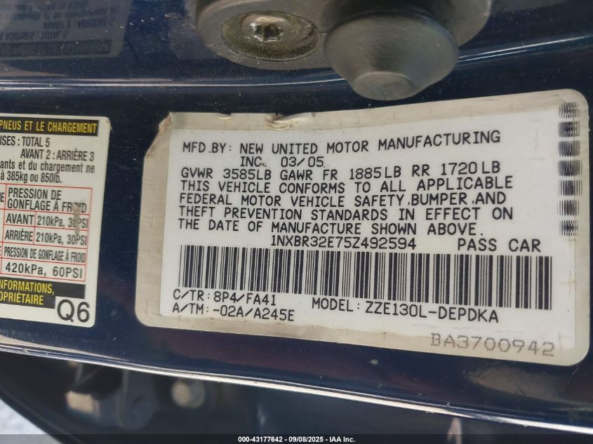 2005 Toyota Corolla Ce VIN: 1NXBR32E75Z492594 Lot: 43177642