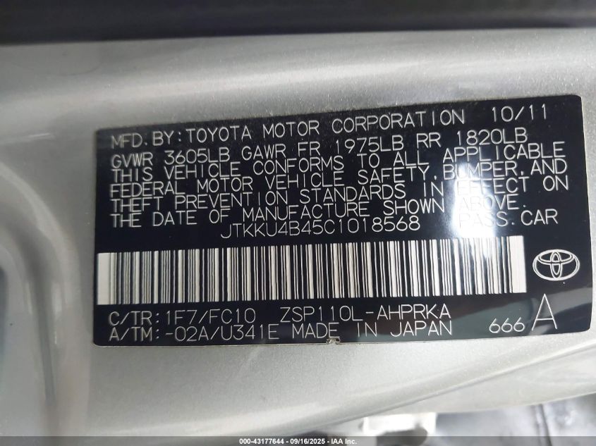 2012 Scion Xd VIN: JTKKU4B45C1018568 Lot: 43177644